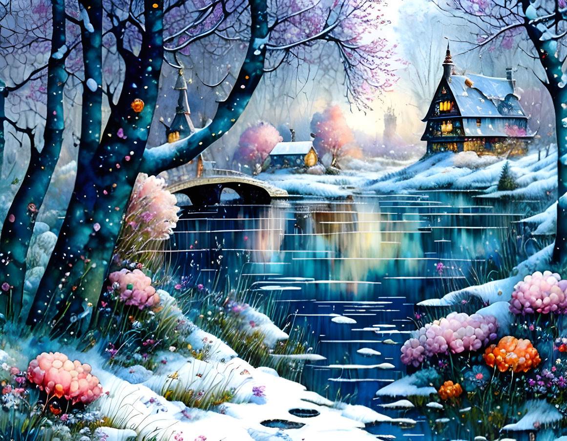 Snowy Trees, Cottage, Bridge, River, Flowers in Winter Scene