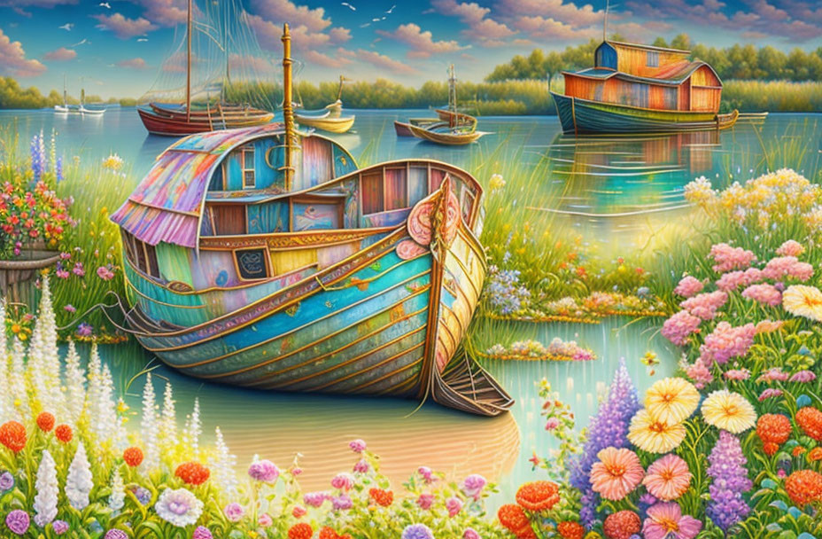 Colorful River Scene Painting with Flowers and Boats