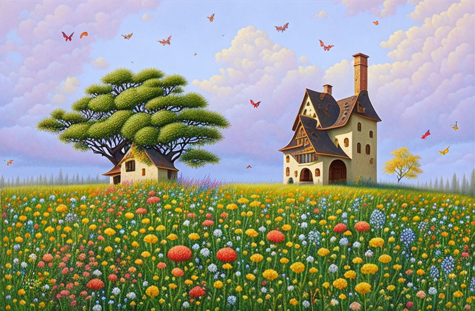 Colorful meadow painting with houses, tree, and birds in pastel sky