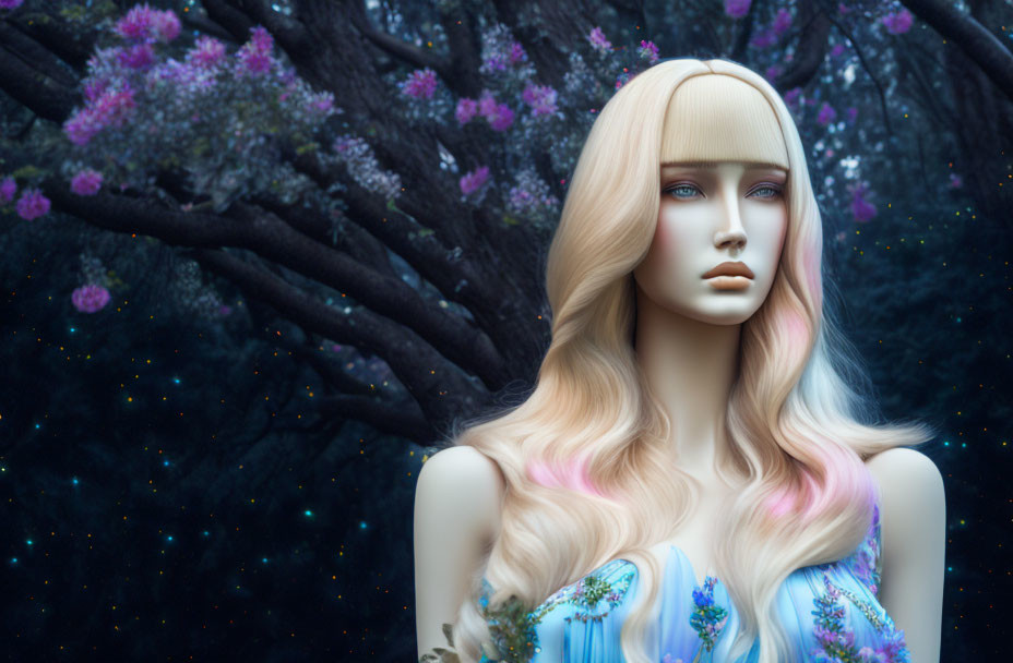 Blond-Haired Mannequin in Blue Dress Amid Twilight Forest