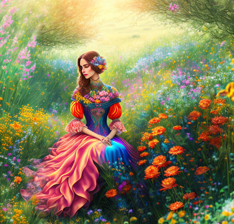 Woman in Vibrant Dress Surrounded by Colorful Flowers
