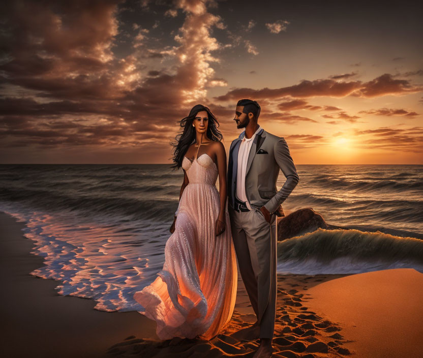 Elegant couple in formal attire on beach at sunset