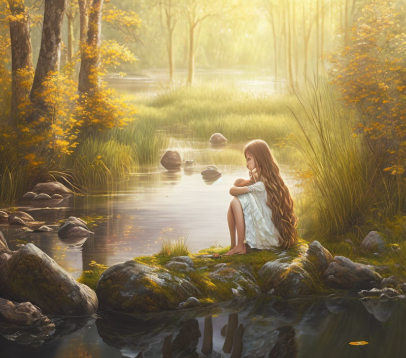 Girl sitting on mossy rock by serene forest stream with sunlit trees and wildflowers.