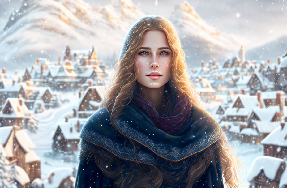 Digital artwork of woman with long wavy hair in winter cloak, snowy village backdrop