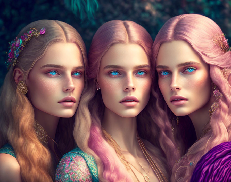 Three people with blue eyes and pink hair in nature with hair accessories and earrings.
