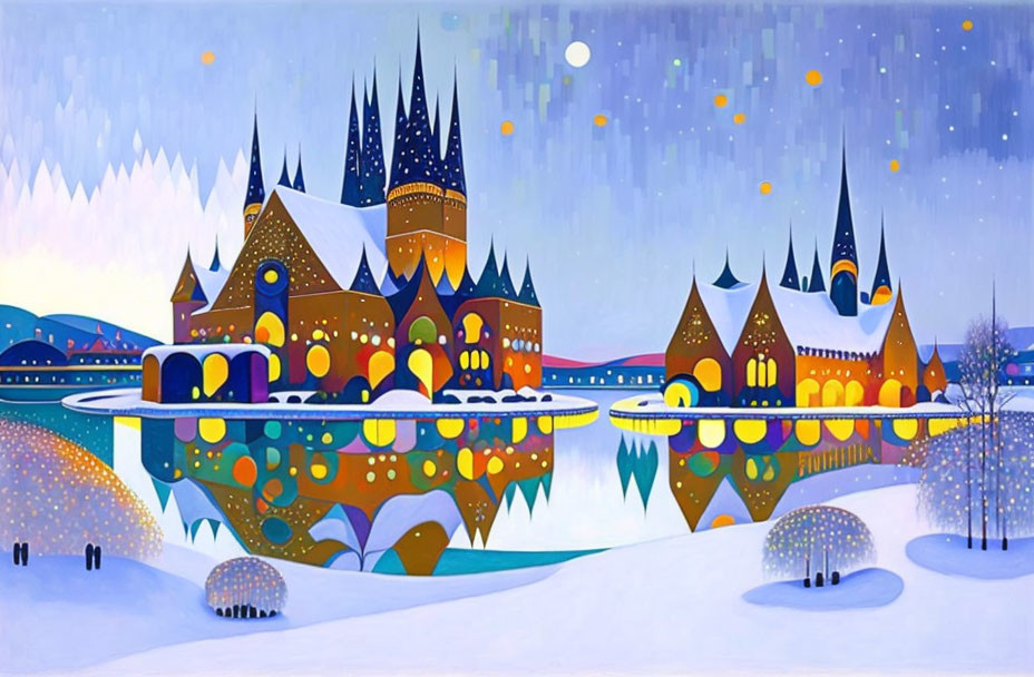 Whimsical winter castle painting with colorful architecture
