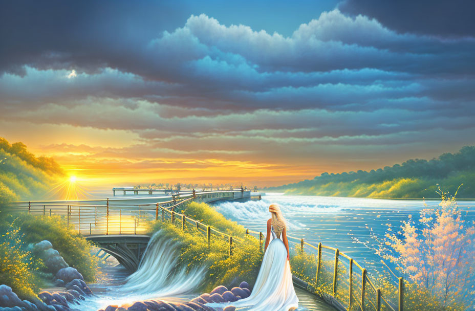 Blonde woman on bridge admiring river at sunrise