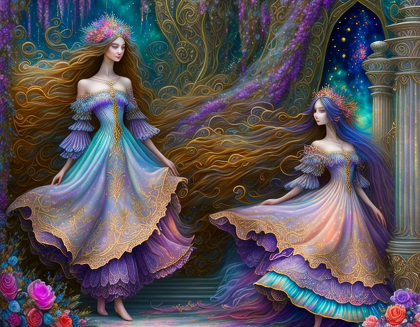 Ethereal women in floral gowns in magical forest with starry portal