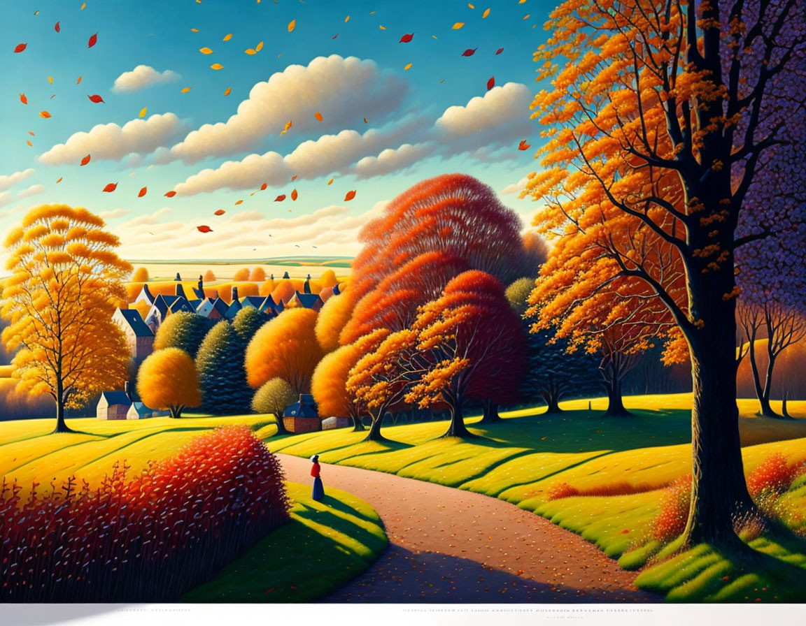 Colorful Autumn Landscape with Walking Figure and Village Scenery
