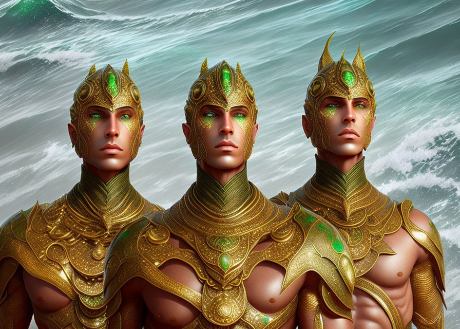 Three identical figures in ornate golden armor with emerald accents facing turbulent sea
