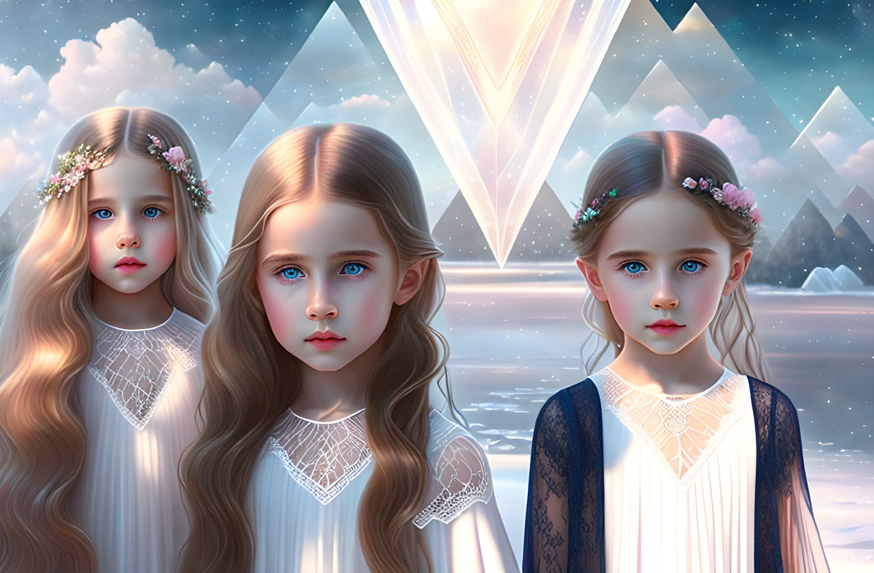 Identical girls with flower crowns in mystical landscape with crystals and mountains.