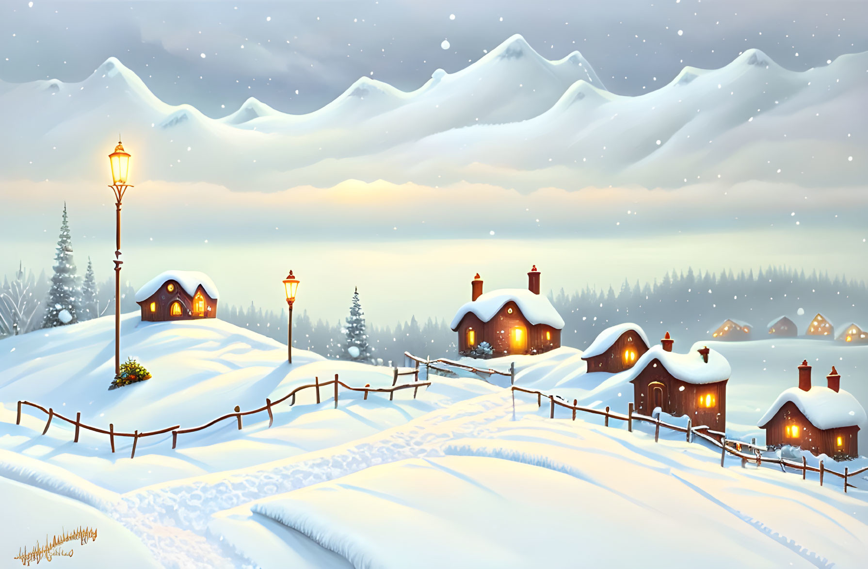 Snow-covered houses and glowing street lamps in serene winter twilight