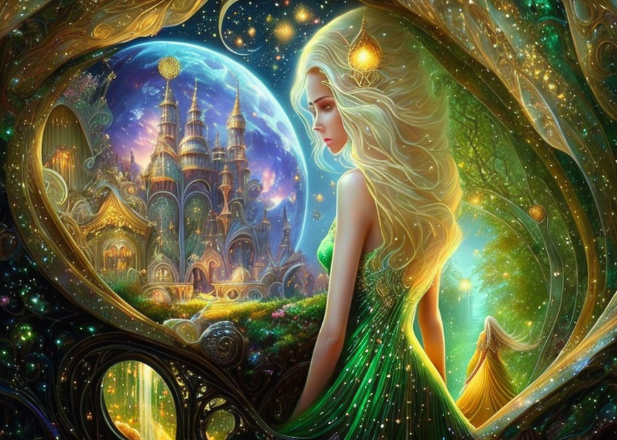 Blonde woman in green dress by golden frame in fantasy castle landscape