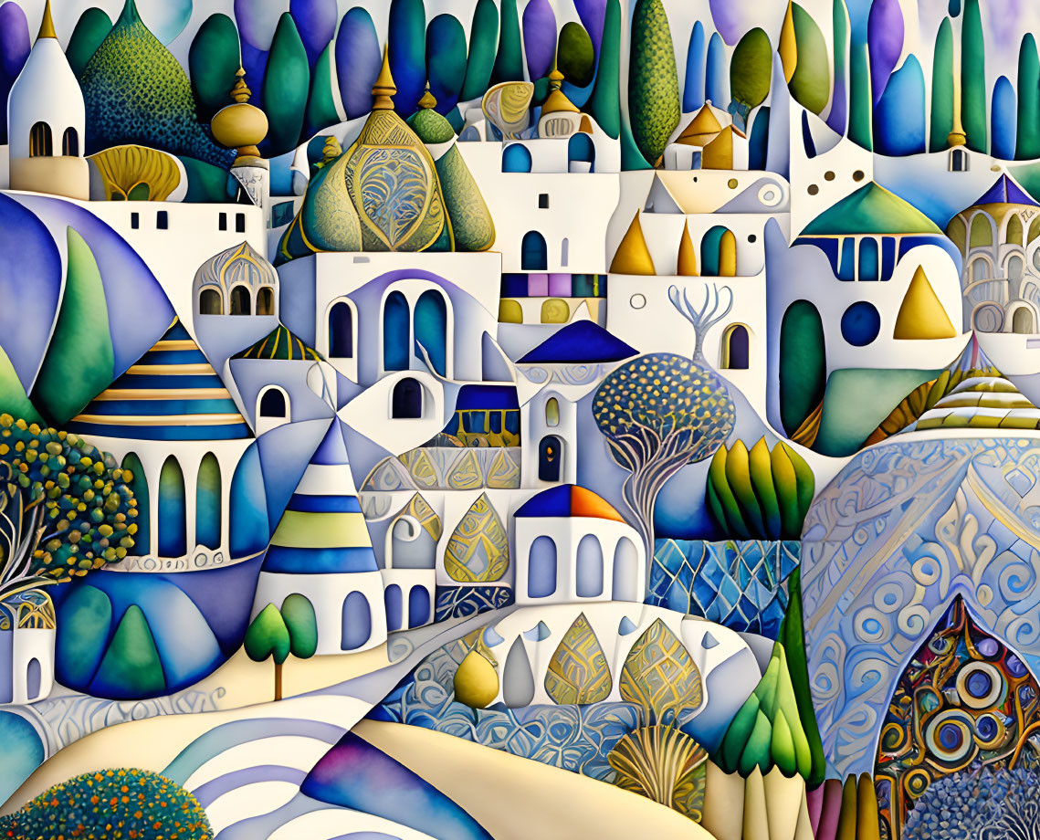 Vibrant painting of whimsical town with ornate domes and vibrant trees