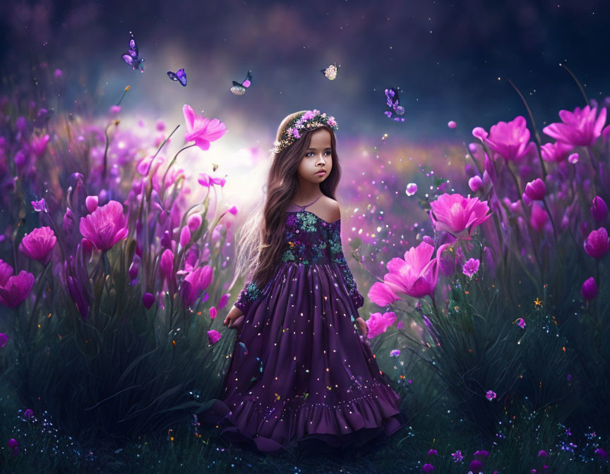 Young girl in purple dress surrounded by pink flowers and butterflies