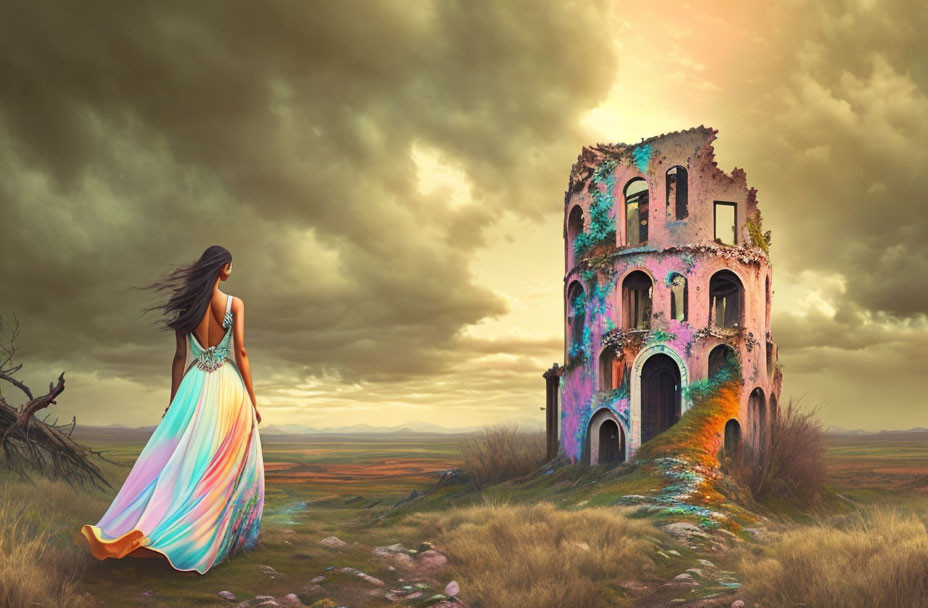Woman in flowing gown gazes at ancient tower in dramatic sunset landscape