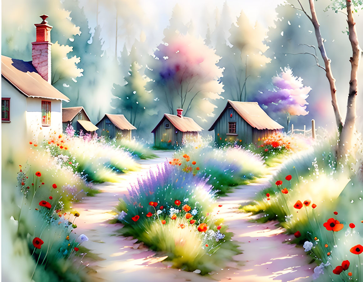 Colorful painting of serene village with cottages and forest backdrop