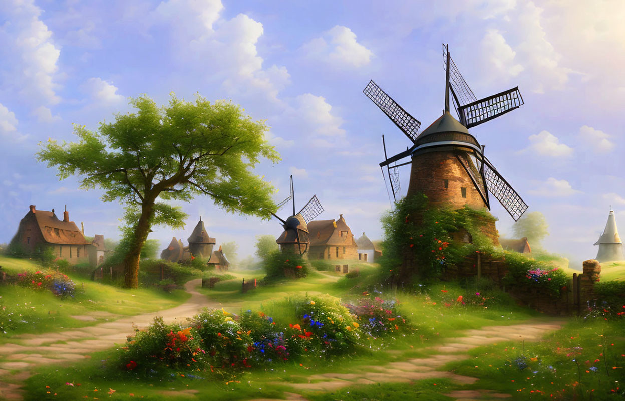 Traditional windmills, quaint houses, and lush greenery in idyllic countryside setting