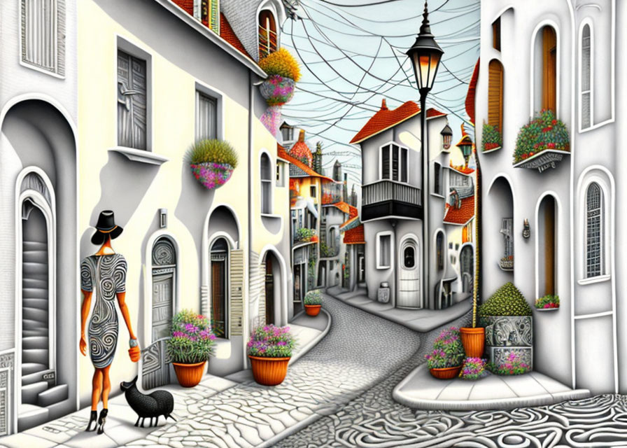 Surreal woman and dog in whimsical, colorful street