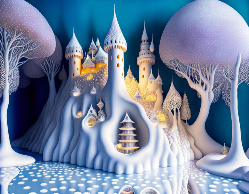 Whimsical snowy landscape with glowing castle and oversized mushrooms