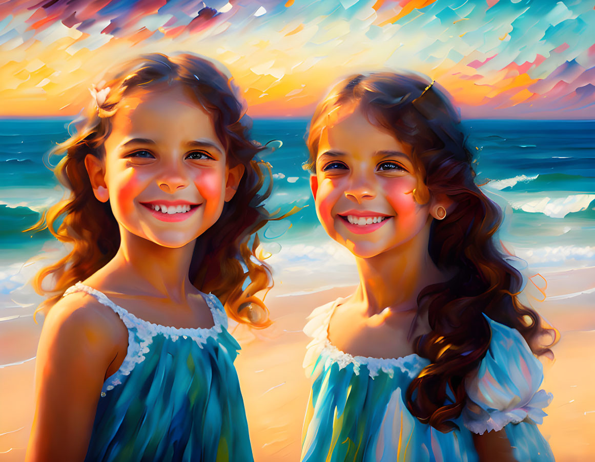 Smiling girls in blue dresses on beach at sunset