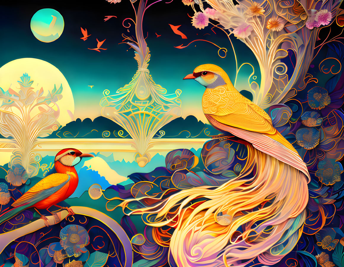 surreal colourful birds