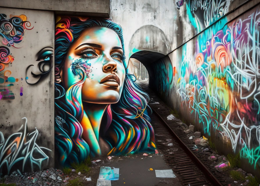 Colorful street art of woman's face with vibrant hair on graffiti-covered wall near train tracks.