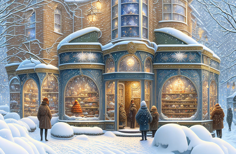 Winter Scene: People admiring lit storefront in snowy landscape