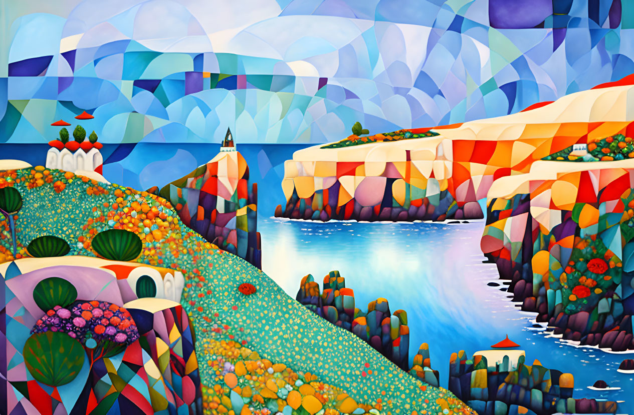 Vibrant Landscape Painting with Geometric Shapes and Lighthouse