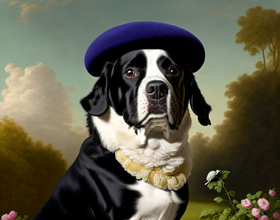 Black and White Dog in Purple Beret and Golden Ruff Collar in Classic Pastoral Scene