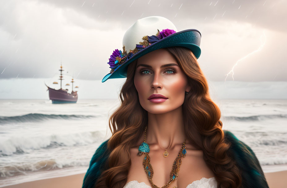 Woman with wavy hair and decorative hat in stormy seascape with ship and lightning.