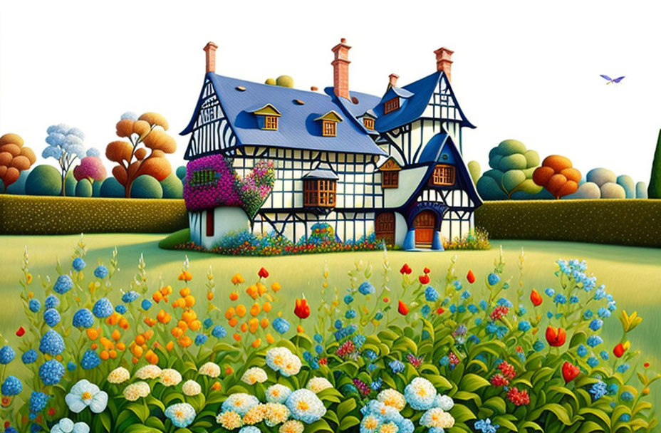 Colorful whimsical illustration of a quaint cottage in lush gardens and rolling hills.