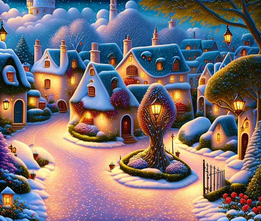 Snow-covered winter village at night with glowing cottages, illuminated tree, and gentle snowfall