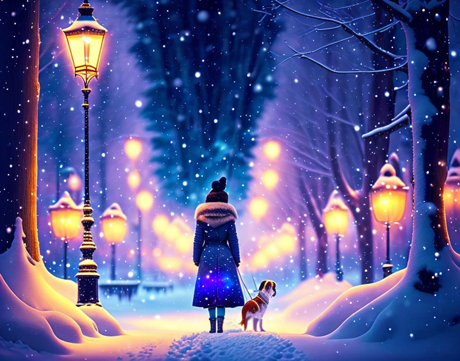 Person and dog in snow-covered winter scene with glowing streetlamps