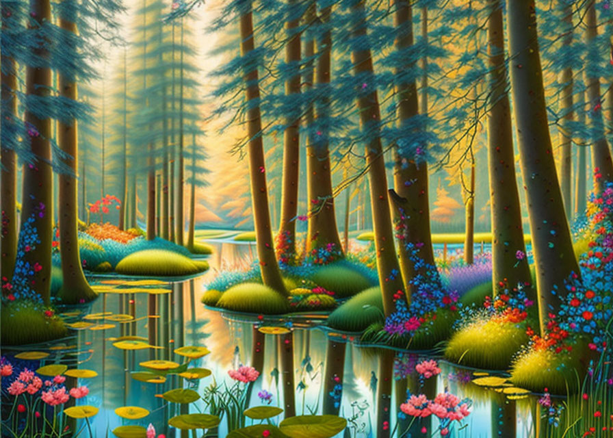 Colorful forest scene with tall trees, serene river, flowers, and lily pads
