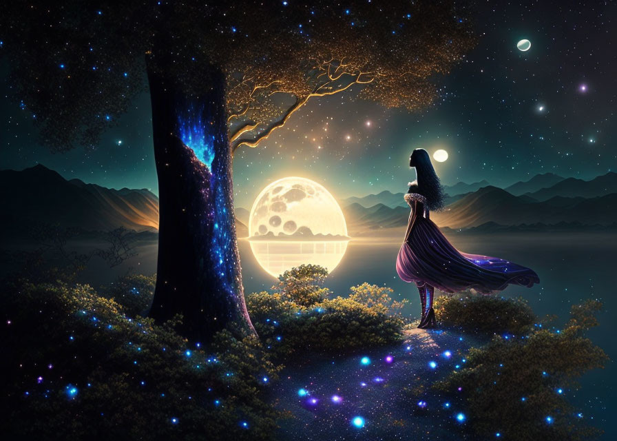 Woman in flowing gown gazes at glowing tree under large moon and starry sky.