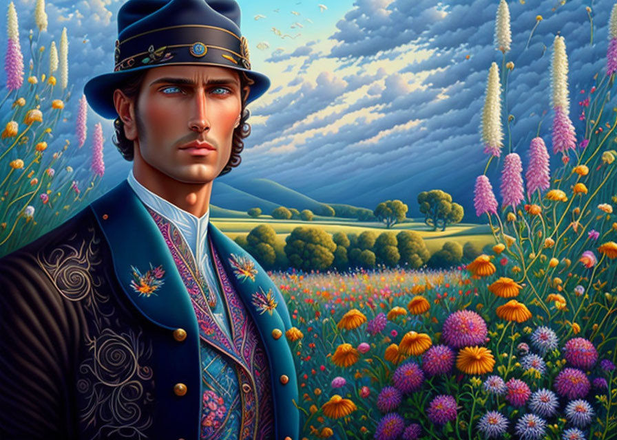 Vibrant portrait of a man in blue jacket amid colorful flowers