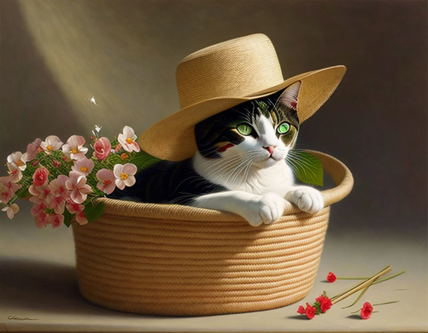 Cat in straw hat sitting in flower-adorned basket with scattered petals.