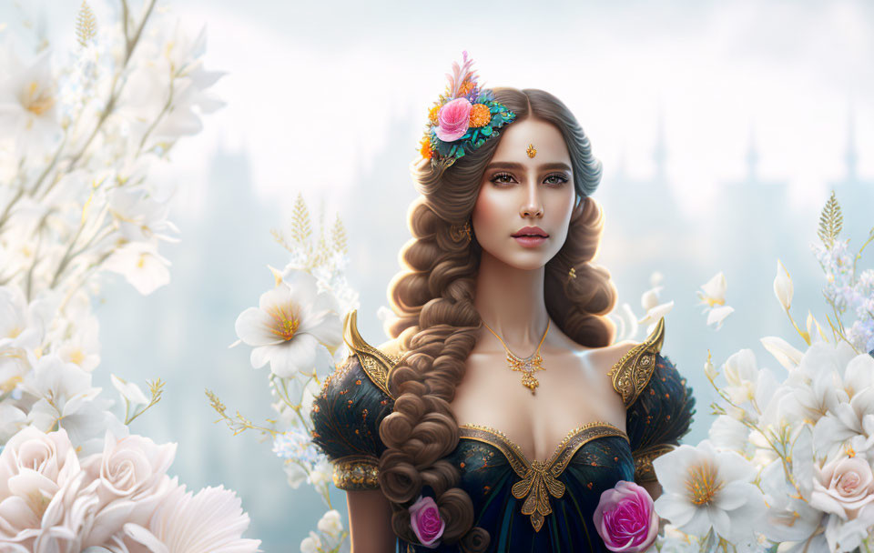 Fantasy portrait: Woman with braided hair and floral gown in magical castle setting