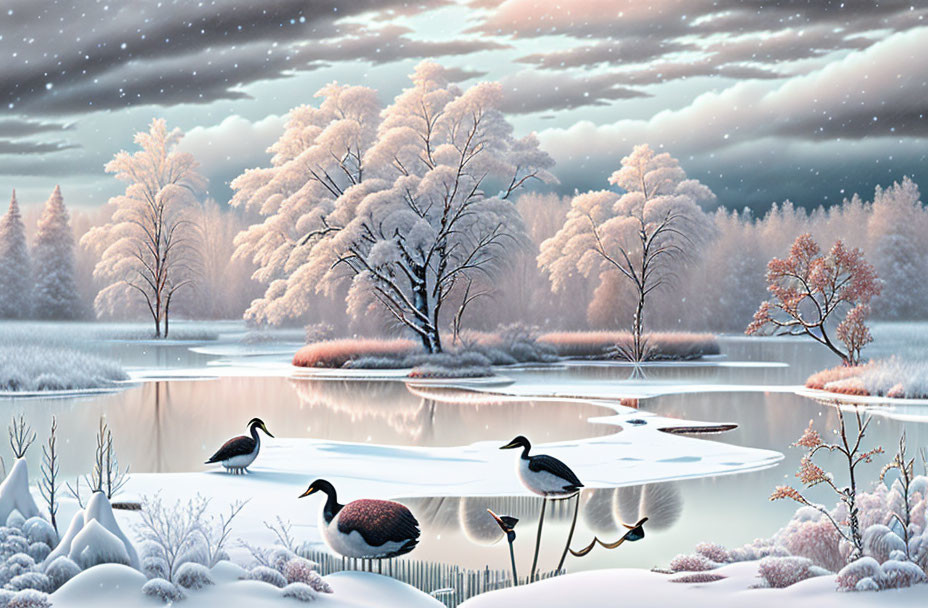 Snow-covered trees, frozen pond, ducks, and falling snowflakes in serene winter scene