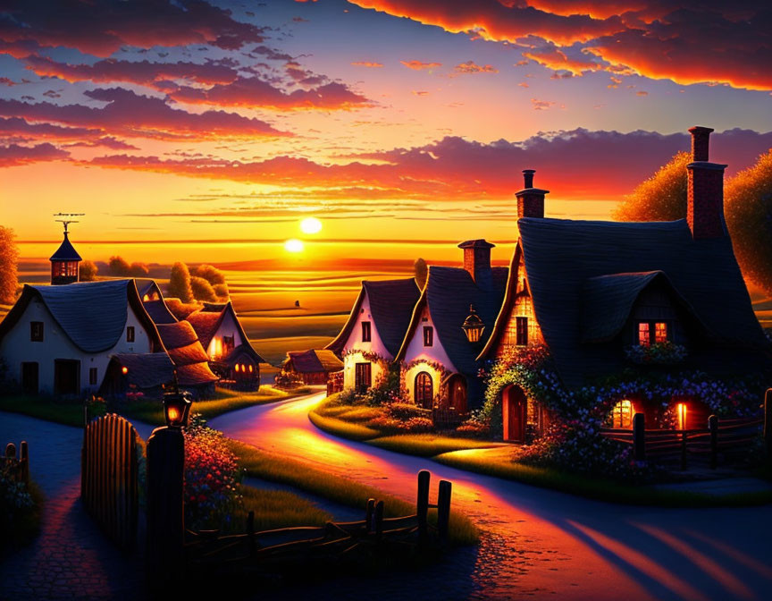Scenic village sunset: cozy cottages, winding road, vibrant flowers