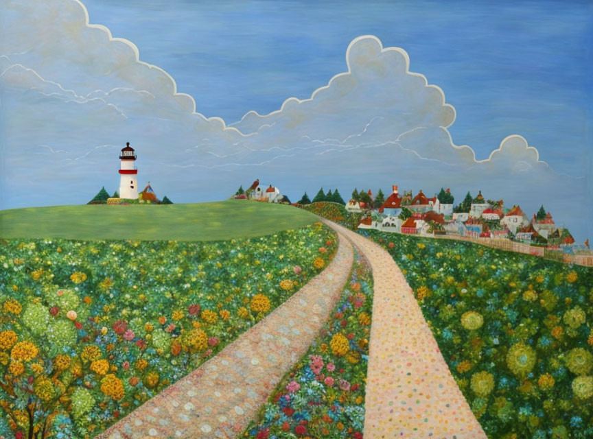 Colorful floral pathway to coastal village with lighthouse under blue sky