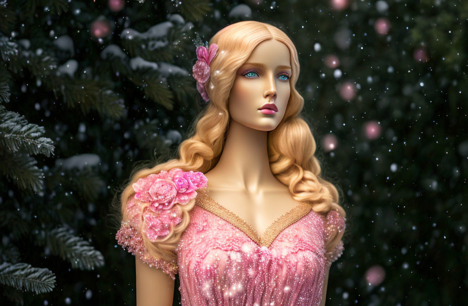 Blonde Curled Mannequin in Pink Gown with Snowflake Backdrop