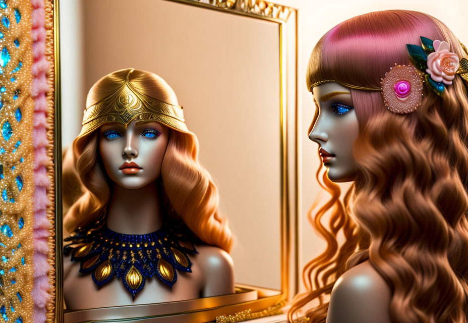 Mannequin heads with detailed makeup, blue eyes, intricate hairstyles, gold, and floral accessories
