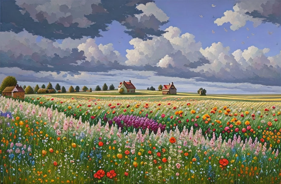 Colorful painting of flower field, cloudy sky, houses, golden farmlands