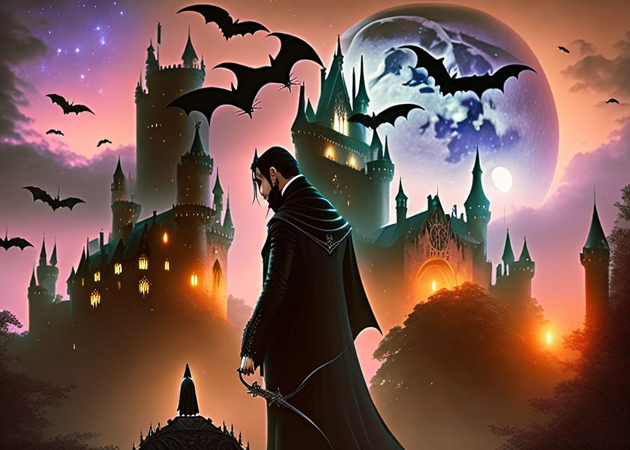 Man in coat stands before castle with spires in moonlit sky with bats.
