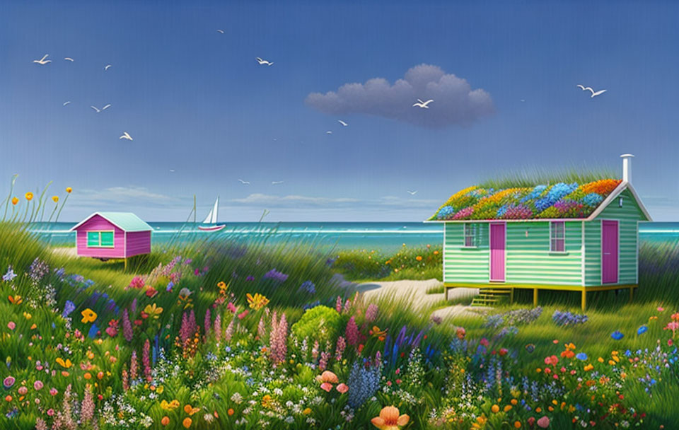 Colorful Flower-Filled Meadow with Cottage, Beach, Boats, and Seagulls