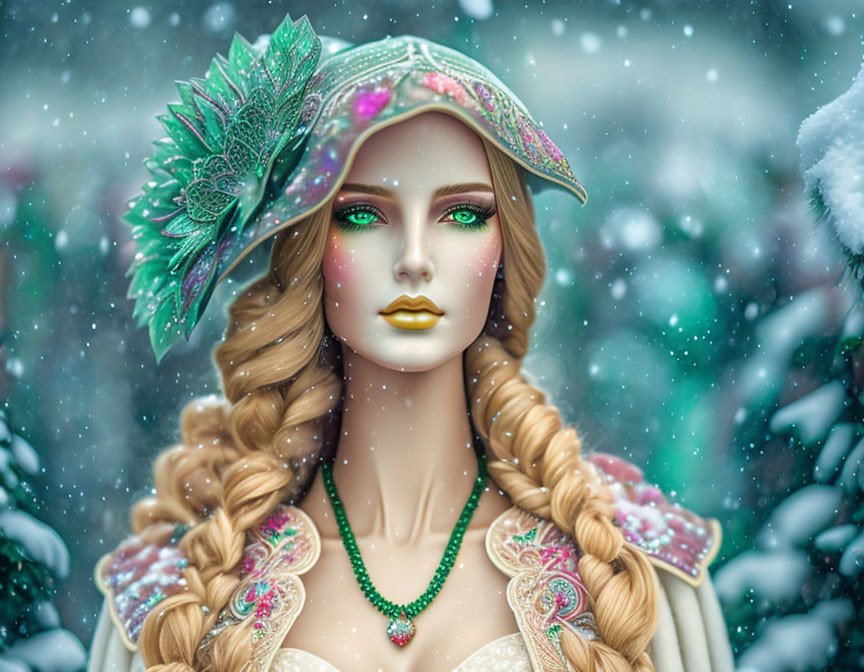 Digital Art Portrait of Woman with Green Eyes and Ornate Hat in Snowy Setting