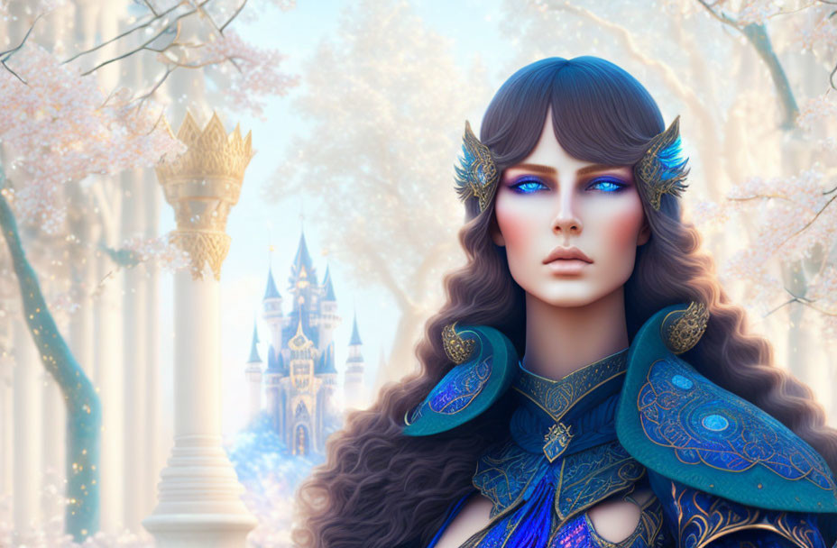 Fantasy elf with blue feathered ears in magical forest castle scene