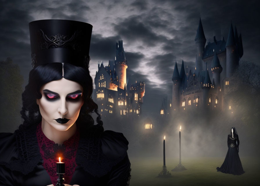 Gothic woman with candle at haunted castle under moonlit sky